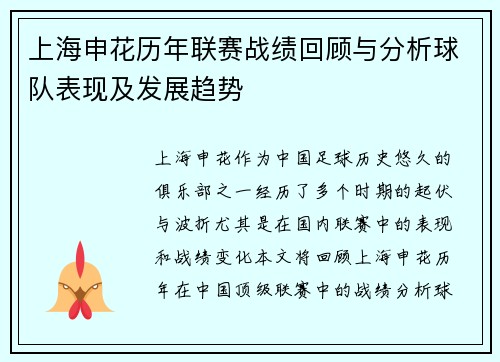 上海申花历年联赛战绩回顾与分析球队表现及发展趋势
